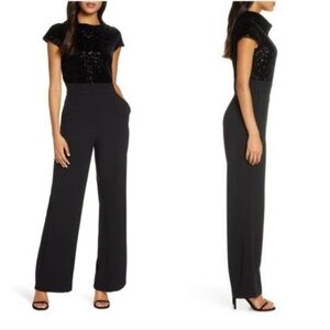 Harper Rose Black Velvet Sequin Bodice Cap Sleeve Jumpsuit Sz 8 Elegant Evening